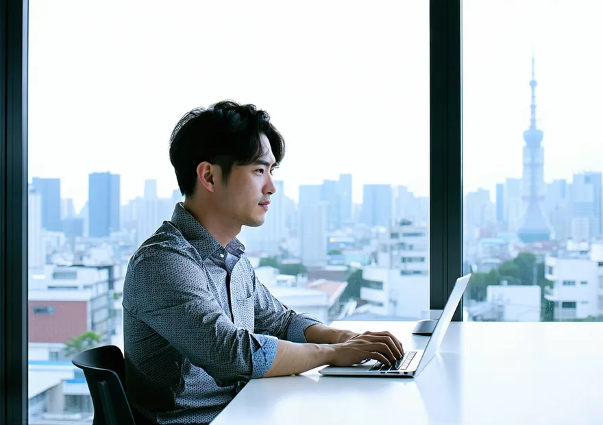 Japanese software engineer working at a clean desk with a laptop, Tokyo city view through a large window, professional and focused atmosphere